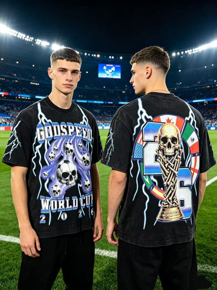 Vintage Streetwear Front Soccer Skull Lightning Print Back Skeleton Trophy National Flag Print Oversized T-Shirt 2 colors 29338411