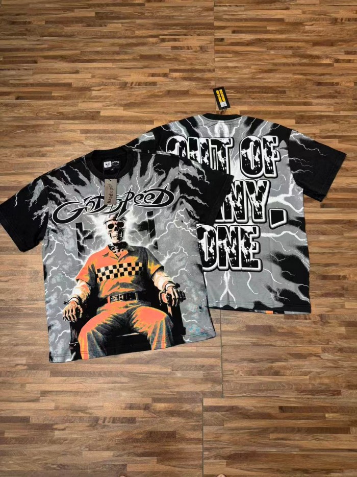 Y2K Gothic Streetwear Front Godspeed Gothic Letter Lightning Background Prison Uniform Skeleton Sitting Figure Print T-Shirt 2 colors 29338275