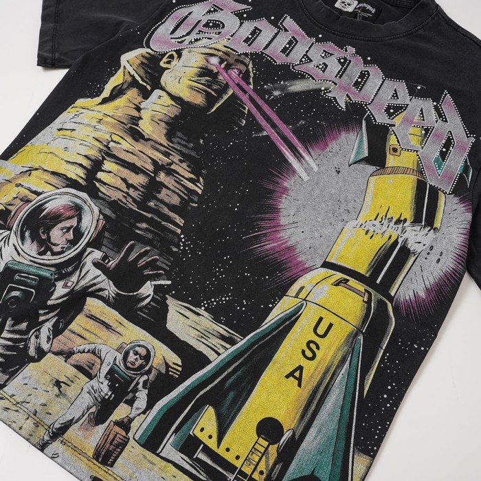 Vintage Washed American Streetwear Front Letter Sphinx Astronaut USA Rocket Space Galaxy Graphic Oversized T-Shirt 29338592