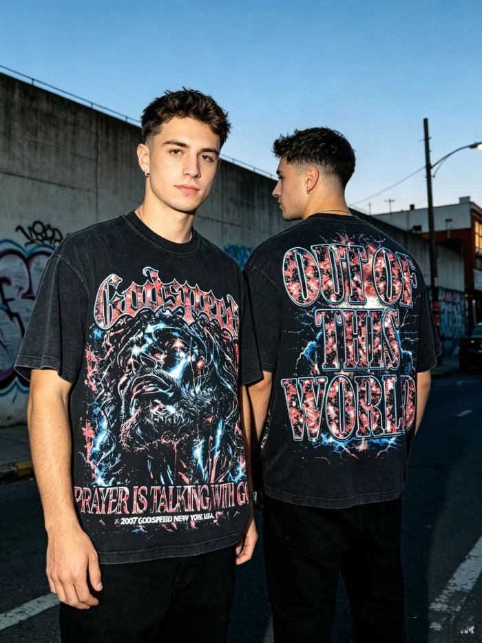 Front Thunder Galaxy Bearded Prayer Man Portrait Back Out Of This World Galaxy Letter Slogan Oversized T-Shirt 29338122
