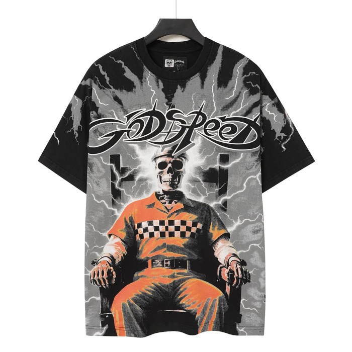 Y2K Gothic Streetwear Front Godspeed Gothic Letter Lightning Background Prison Uniform Skeleton Sitting Figure Print T-Shirt 2 colors 29338275