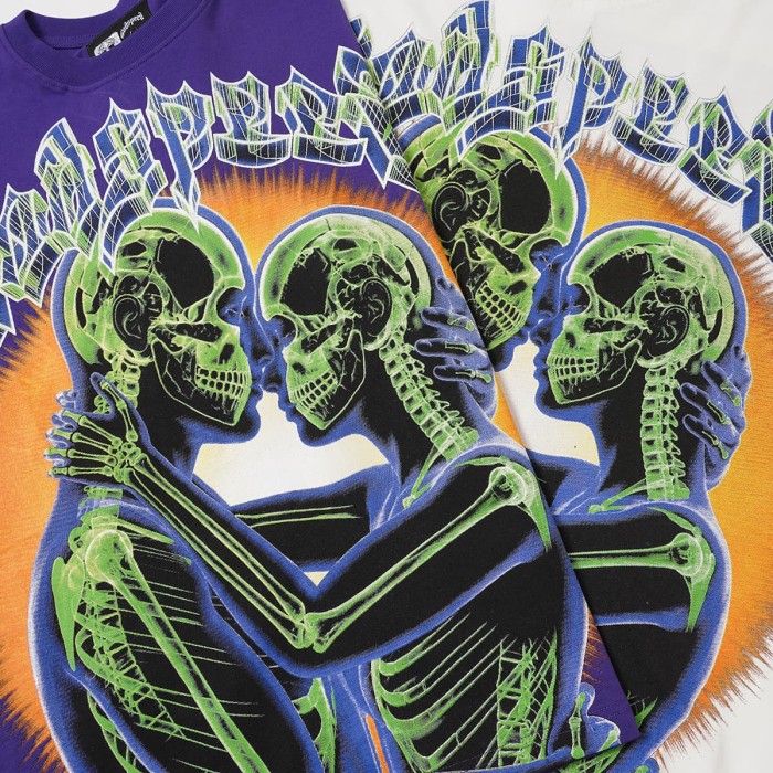 Y2K Gothic Streetwear Front Godspeed Gothic Font Glowing Green Kissing Skeleton Couple Burst Background Print T-Shirt 3 colors 29338262