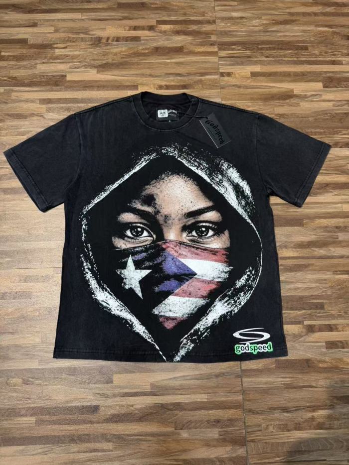 Y2K Hip Hop Streetwear Puerto Rico Flag Masked Portrait Double Sided Graphic Oversized Drop Shoulder Crew Neck T-Shirt 2 colors 29338099