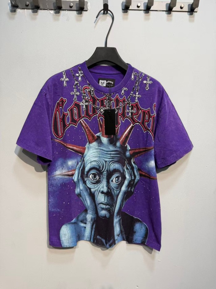 Front Cross Necklace Alien Big Face Graphic Back Cracked Flame Letter T-Shirt 2 colors 29338604