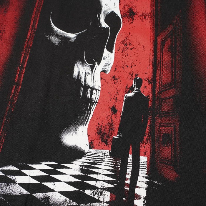 Red Outline Godspeed Curvy Letter Doorway Skull Lone Man Checkerboard Floor Dark Scene Print Oversized T-Shirt 29338327