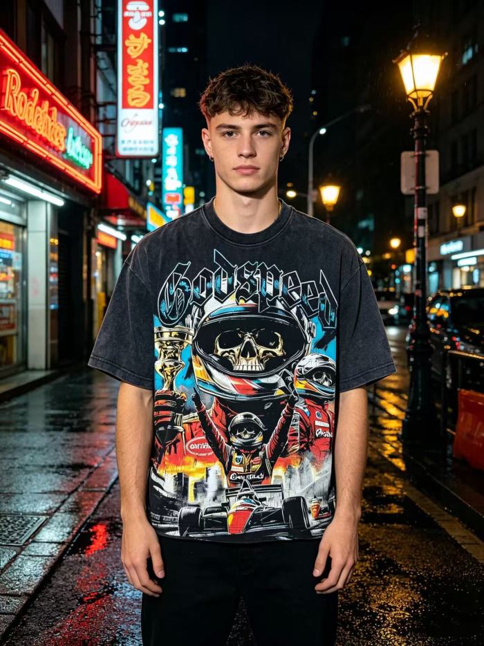 Y2K Racing Streetwear F1 Racer Skull Trophy Double Sided Graphic Oversized Drop Shoulder Crew Neck T-Shirt 2 colors 29338115