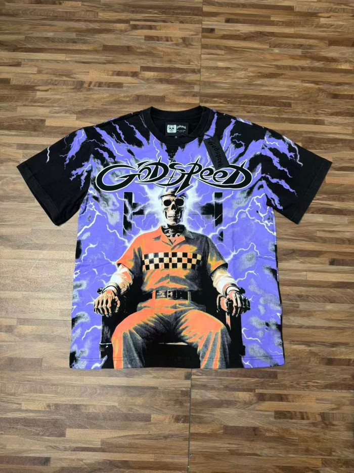 Y2K Gothic Streetwear Front Godspeed Gothic Letter Lightning Background Prison Uniform Skeleton Sitting Figure Print T-Shirt 2 colors 29338275