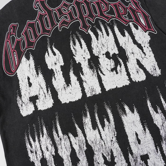 Front Cross Necklace Alien Big Face Graphic Back Cracked Flame Letter T-Shirt 2 colors 29338604