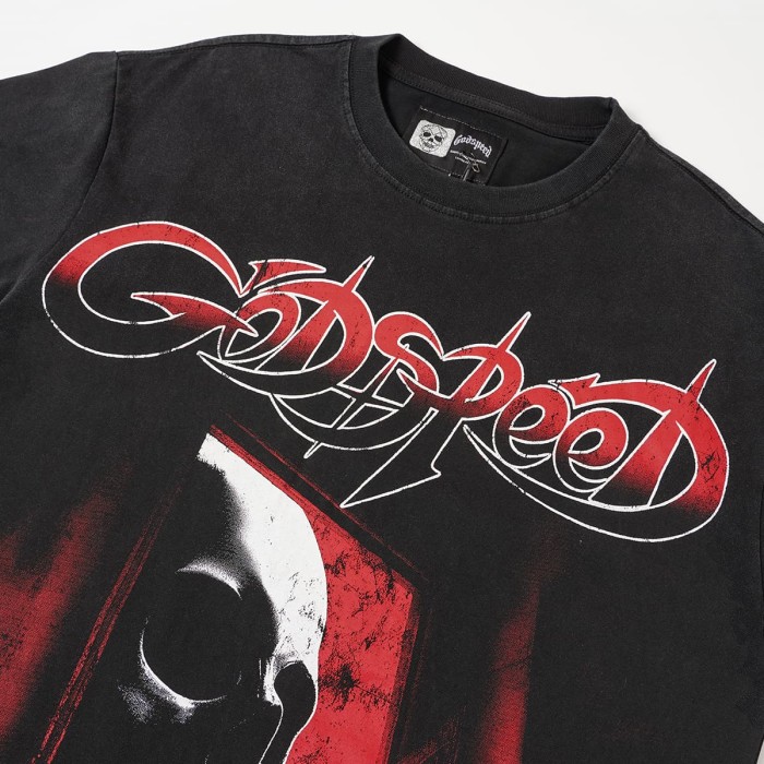 Red Outline Godspeed Curvy Letter Doorway Skull Lone Man Checkerboard Floor Dark Scene Print Oversized T-Shirt 29338327