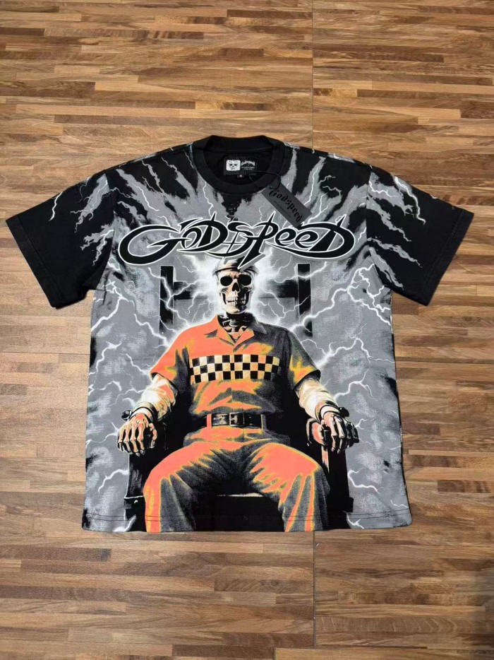 Y2K Gothic Streetwear Front Godspeed Gothic Letter Lightning Background Prison Uniform Skeleton Sitting Figure Print T-Shirt 2 colors 29338275