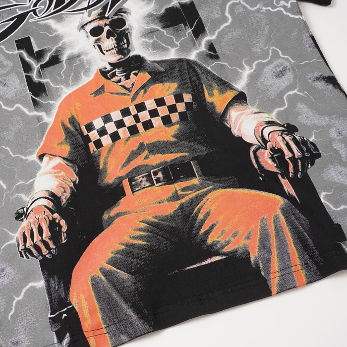 Y2K Gothic Streetwear Front Godspeed Gothic Letter Lightning Background Prison Uniform Skeleton Sitting Figure Print T-Shirt 2 colors 29338275
