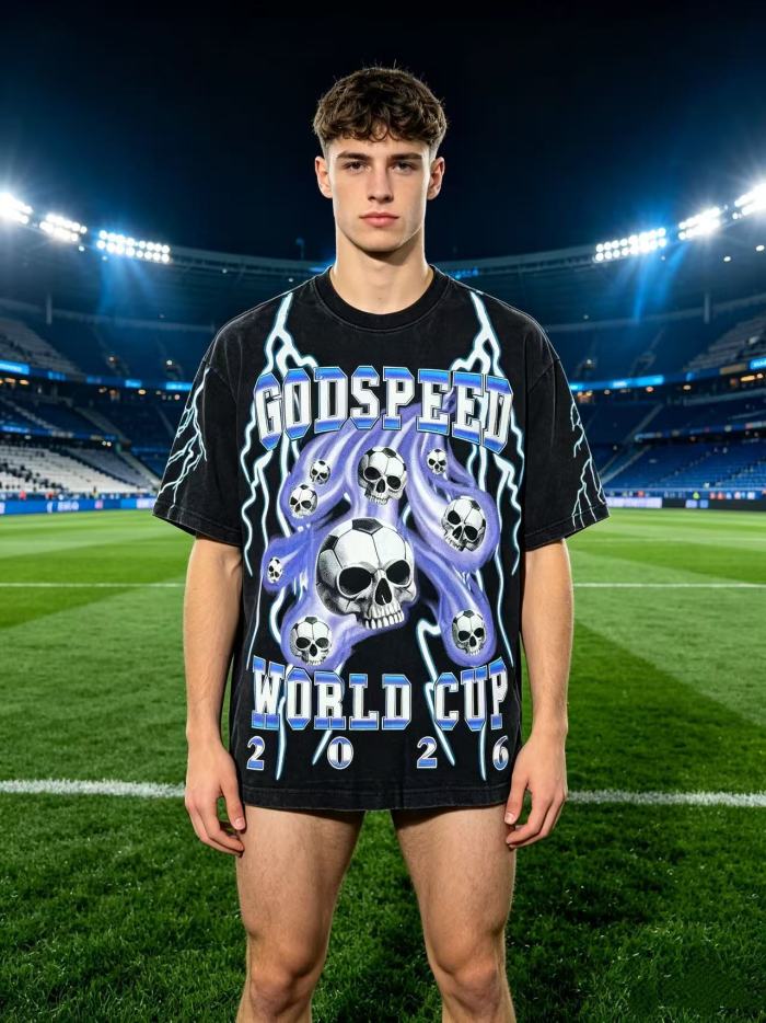 Vintage Streetwear Front Soccer Skull Lightning Print Back Skeleton Trophy National Flag Print Oversized T-Shirt 2 colors 29338411