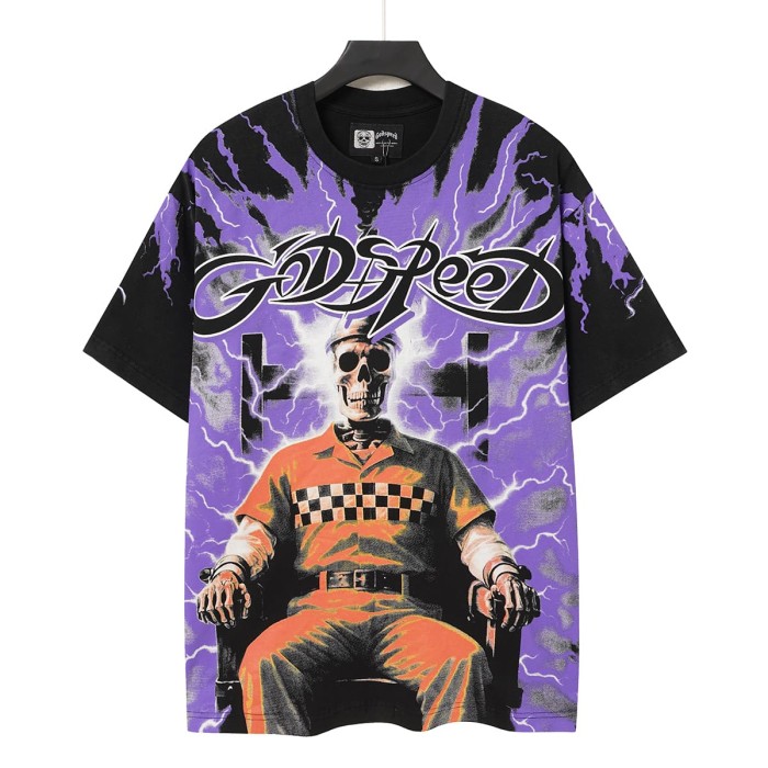 Y2K Gothic Streetwear Front Godspeed Gothic Letter Lightning Background Prison Uniform Skeleton Sitting Figure Print T-Shirt 2 colors 29338275
