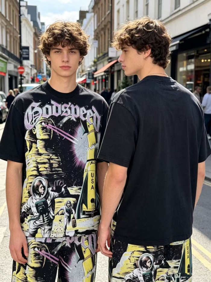 Vintage Washed American Streetwear Front Letter Sphinx Astronaut USA Rocket Space Galaxy Graphic Oversized T-Shirt 29338592