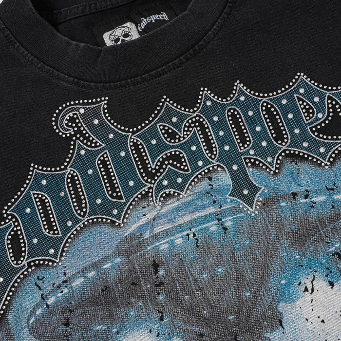 Front Bling Rhinestone Godspeed Text UFO Skeleton Wilderness Print Back Vintage Gradient G Emblem Gun Oversized T-Shirt 29338599