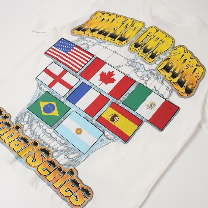Front Golden Skull Trophy World Map Gothic Text Print Back International Team Flags Bold Gradient Font T-Shirt 2 colors 29338219