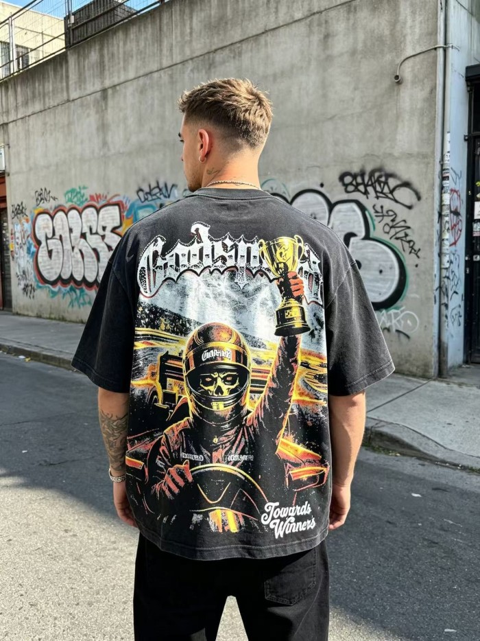 Front Thunder Effect Skeleton Racer Portrait Graphic Back Race Track Champion Driver Trophy Oversized T-Shirt 29338328