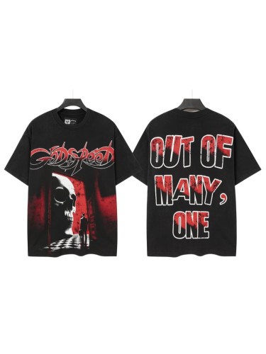 Red Outline Godspeed Curvy Letter Doorway Skull Lone Man Checkerboard Floor Dark Scene Print Oversized T-Shirt 29338327