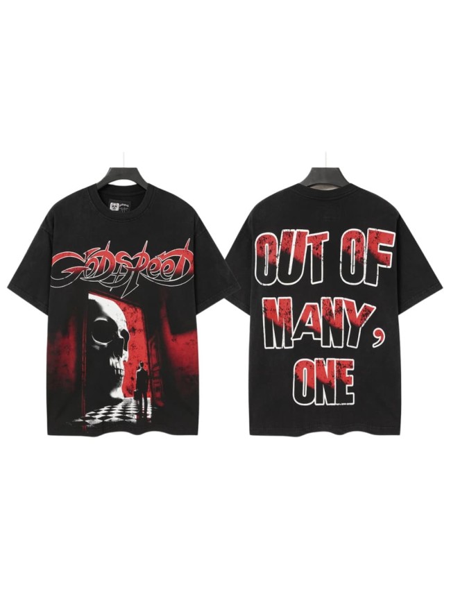 Red Outline Godspeed Curvy Letter Doorway Skull Lone Man Checkerboard Floor Dark Scene Print Oversized T-Shirt 29338327