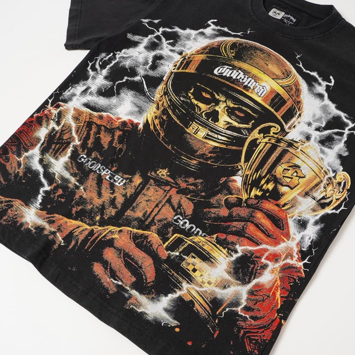 Front Thunder Effect Skeleton Racer Portrait Graphic Back Race Track Champion Driver Trophy Oversized T-Shirt 29338328