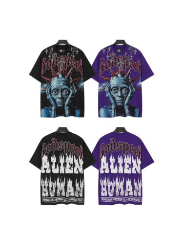 Front Cross Necklace Alien Big Face Graphic Back Cracked Flame Letter T-Shirt 2 colors 29338604