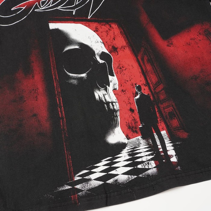Red Outline Godspeed Curvy Letter Doorway Skull Lone Man Checkerboard Floor Dark Scene Print Oversized T-Shirt 29338327