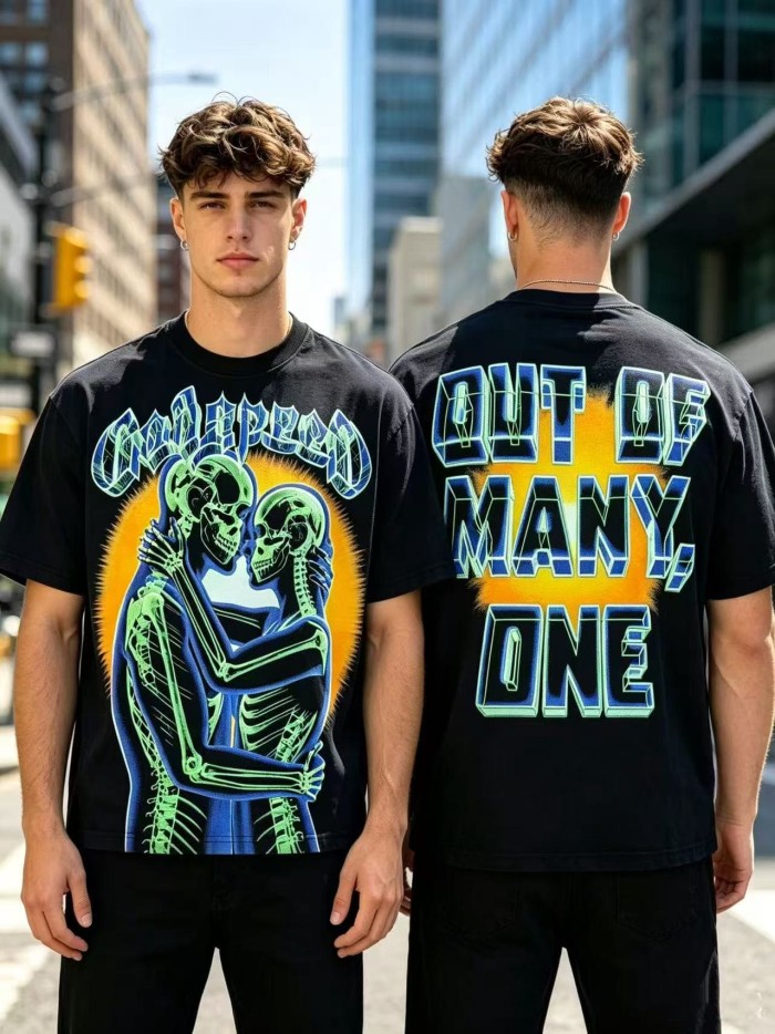 Y2K Gothic Streetwear Front Godspeed Gothic Font Glowing Green Kissing Skeleton Couple Burst Background Print T-Shirt 3 colors 29338262