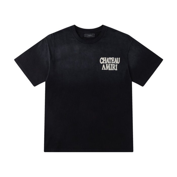American Retro Luxury Streetwear Front Left Chest Text Logo Embroidery Back Chateau Building Graphic Oversized Tee 2 colors 29338688