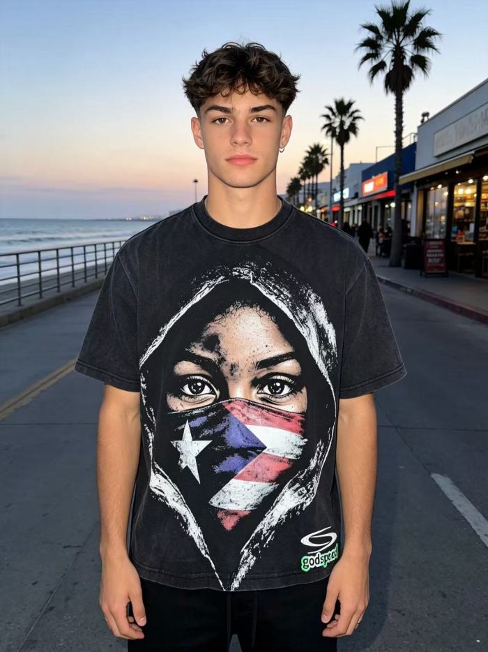 Y2K Hip Hop Streetwear Puerto Rico Flag Masked Portrait Double Sided Graphic Oversized Drop Shoulder Crew Neck T-Shirt 2 colors 29338099