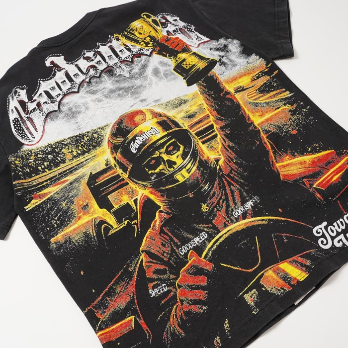 Front Thunder Effect Skeleton Racer Portrait Graphic Back Race Track Champion Driver Trophy Oversized T-Shirt 29338328