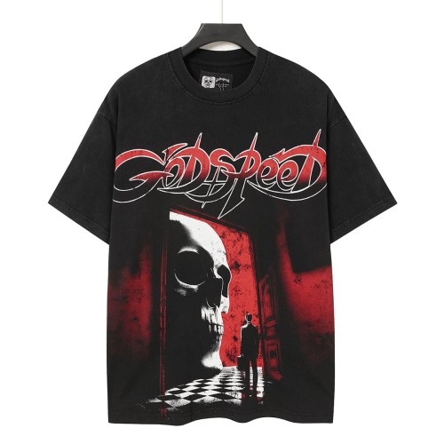 Red Outline Godspeed Curvy Letter Doorway Skull Lone Man Checkerboard Floor Dark Scene Print Oversized T-Shirt 29338327