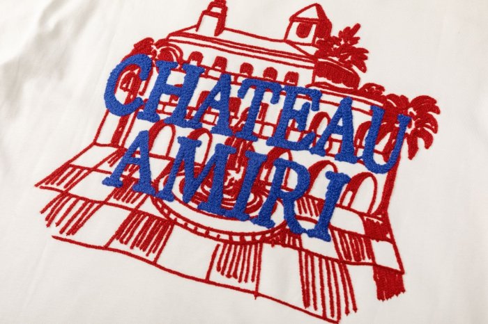 American Retro Luxury Streetwear Front Left Chest Text Logo Embroidery Back Chateau Building Graphic Oversized Tee 2 colors 29338688