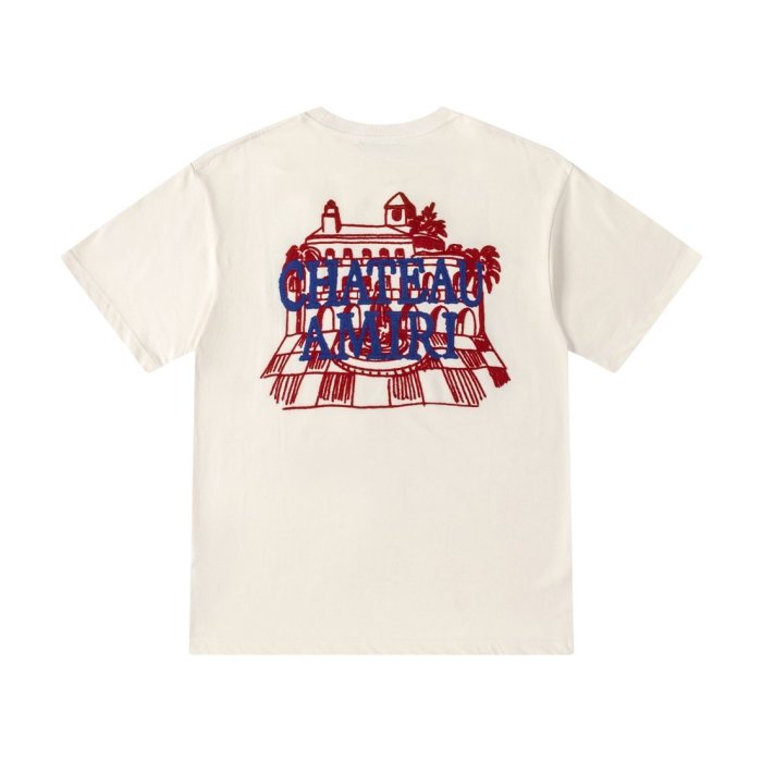 American Retro Luxury Streetwear Front Left Chest Text Logo Embroidery Back Chateau Building Graphic Oversized Tee 2 colors 29338688