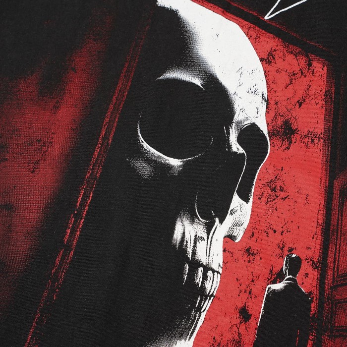 Red Outline Godspeed Curvy Letter Doorway Skull Lone Man Checkerboard Floor Dark Scene Print Oversized T-Shirt 29338327