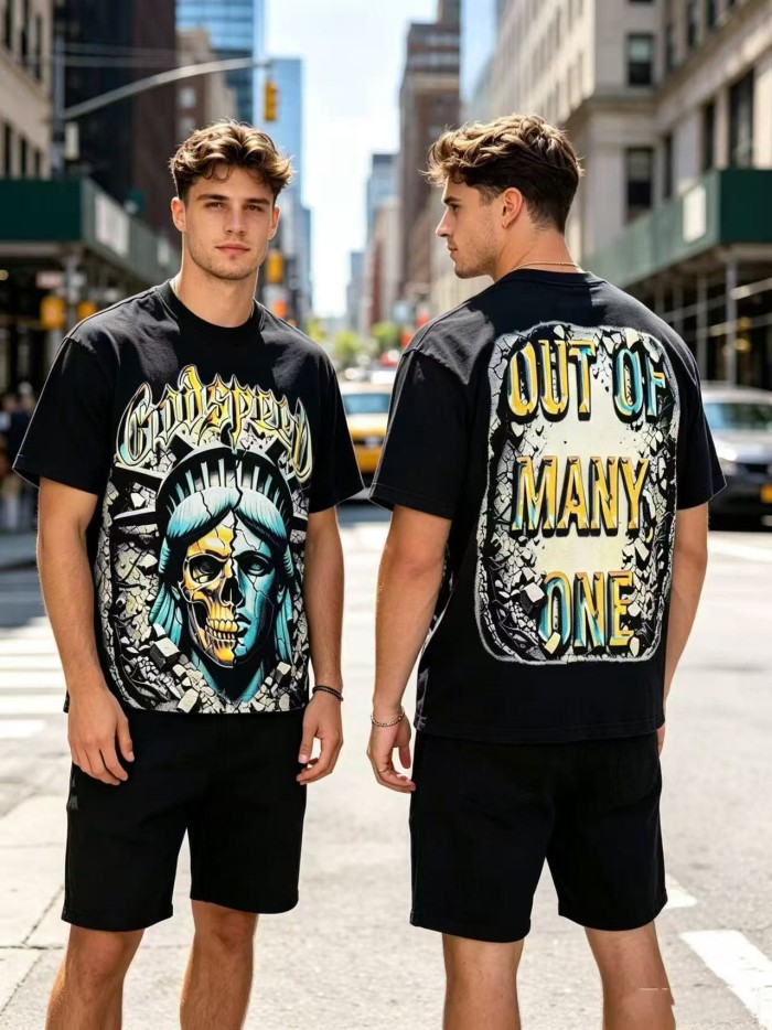Front Broken Statue Skull Portrait Graphic Back Distressed Crack Background Bold Colorful Letter Slogan Oversized T-Shirt 2 colors 29338198