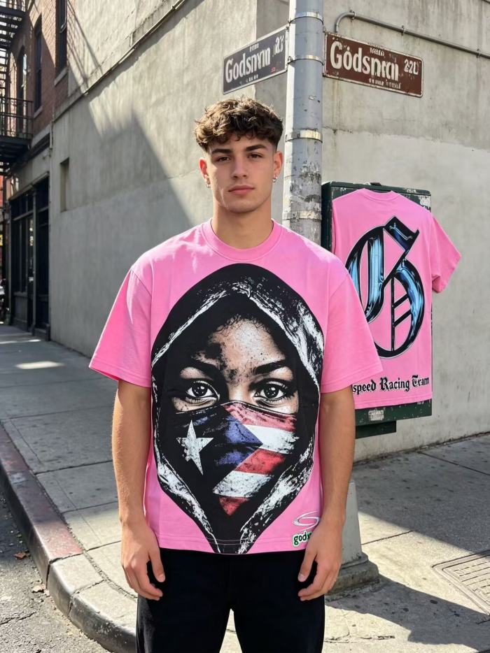 Y2K Hip Hop Streetwear Puerto Rico Flag Masked Portrait Double Sided Graphic Oversized Drop Shoulder Crew Neck T-Shirt 2 colors 29338099