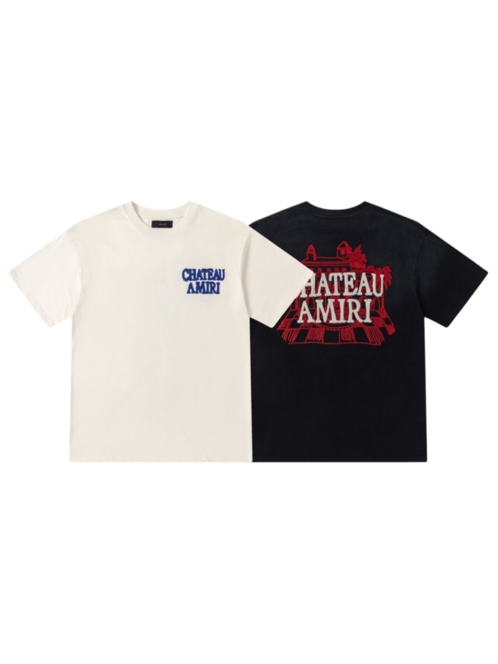 American Retro Luxury Streetwear Front Left Chest Text Logo Embroidery Back Chateau Building Graphic Oversized Tee 2 colors 29338688