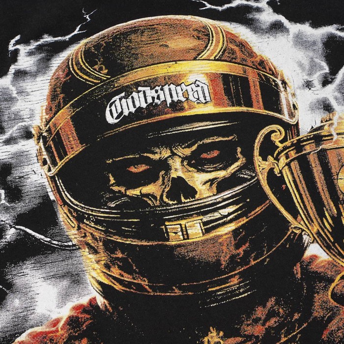 Front Thunder Effect Skeleton Racer Portrait Graphic Back Race Track Champion Driver Trophy Oversized T-Shirt 29338328