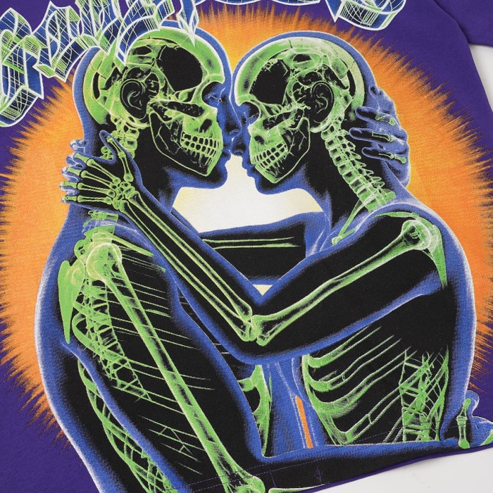Y2K Gothic Streetwear Front Godspeed Gothic Font Glowing Green Kissing Skeleton Couple Burst Background Print T-Shirt 3 colors 29338262