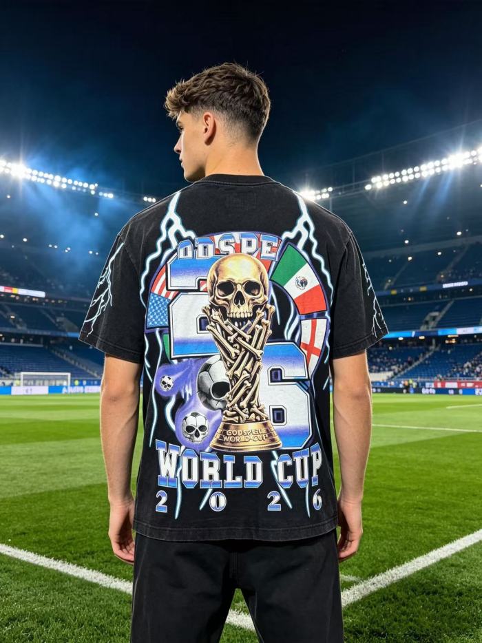 Vintage Streetwear Front Soccer Skull Lightning Print Back Skeleton Trophy National Flag Print Oversized T-Shirt 2 colors 29338411