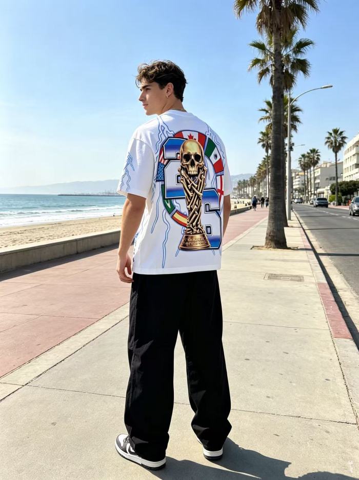 Vintage Streetwear Front Soccer Skull Lightning Print Back Skeleton Trophy National Flag Print Oversized T-Shirt 2 colors 29338411