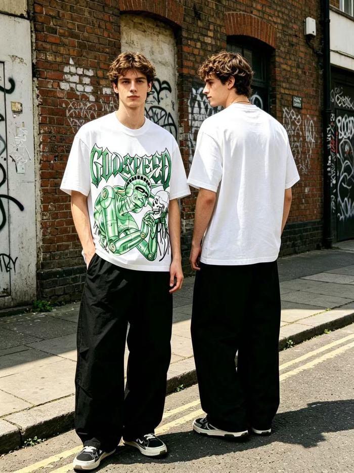 Y2K Gothic Streetwear Robot Statue Liberty Skull Graphic Oversized Drop Shoulder Crew Neck T-Shirt 29338063