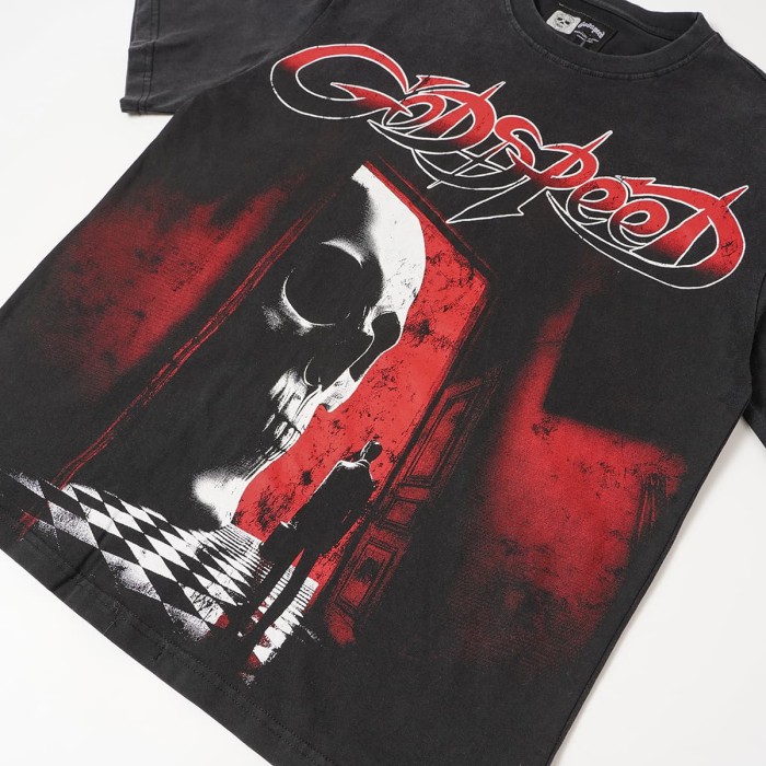Red Outline Godspeed Curvy Letter Doorway Skull Lone Man Checkerboard Floor Dark Scene Print Oversized T-Shirt 29338327