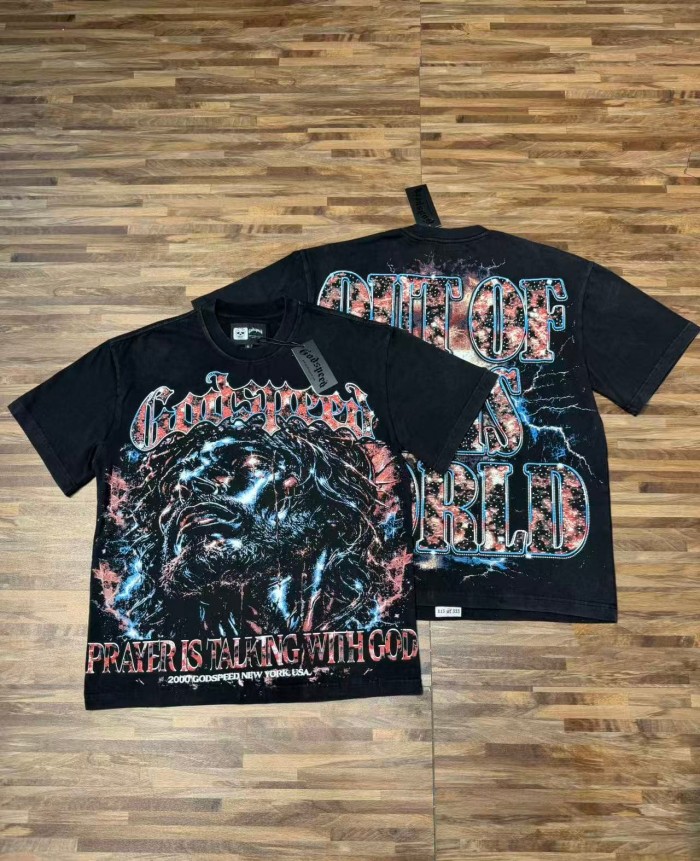 Front Thunder Galaxy Bearded Prayer Man Portrait Back Out Of This World Galaxy Letter Slogan Oversized T-Shirt 29338122