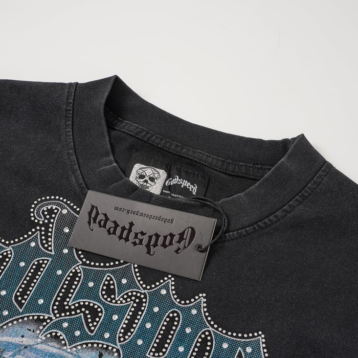 Front Bling Rhinestone Godspeed Text UFO Skeleton Wilderness Print Back Vintage Gradient G Emblem Gun Oversized T-Shirt 29338599