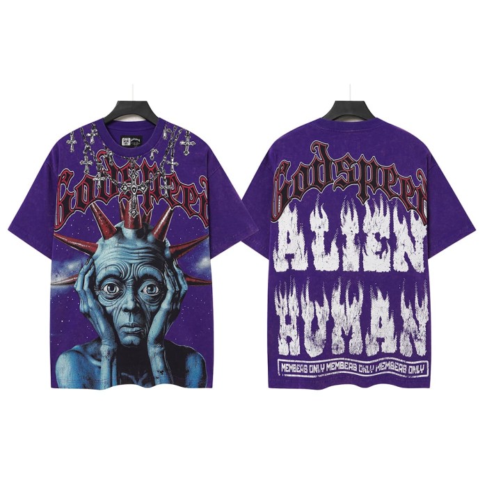 Front Cross Necklace Alien Big Face Graphic Back Cracked Flame Letter T-Shirt 2 colors 29338604