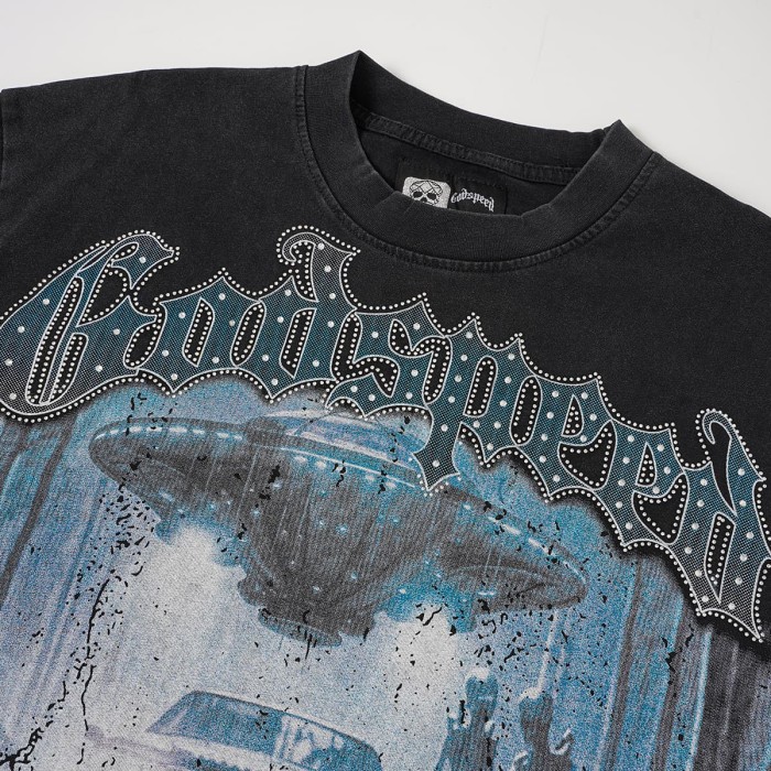 Front Bling Rhinestone Godspeed Text UFO Skeleton Wilderness Print Back Vintage Gradient G Emblem Gun Oversized T-Shirt 29338599