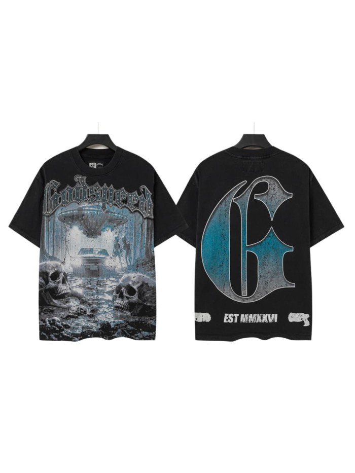 Front Bling Rhinestone Godspeed Text UFO Skeleton Wilderness Print Back Vintage Gradient G Emblem Gun Oversized T-Shirt 29338599
