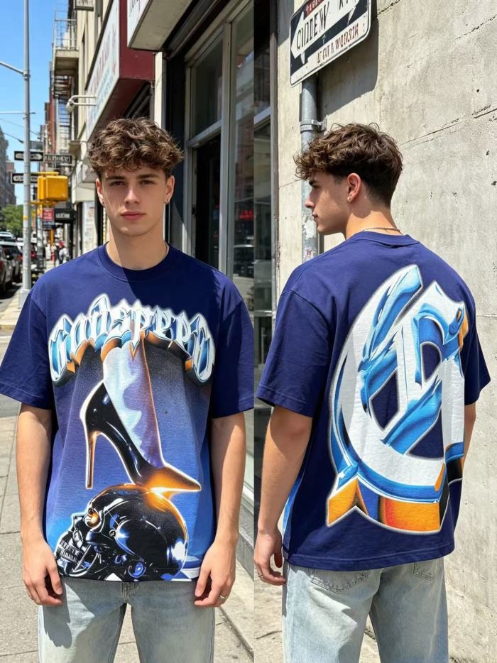 Y2K Gothic Streetwear Skull High Heel Boot Back Big Letter Print Oversized Loose Fit Crew Neck T Shirt 29338041