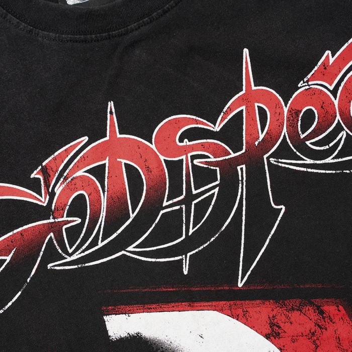 Red Outline Godspeed Curvy Letter Doorway Skull Lone Man Checkerboard Floor Dark Scene Print Oversized T-Shirt 29338327
